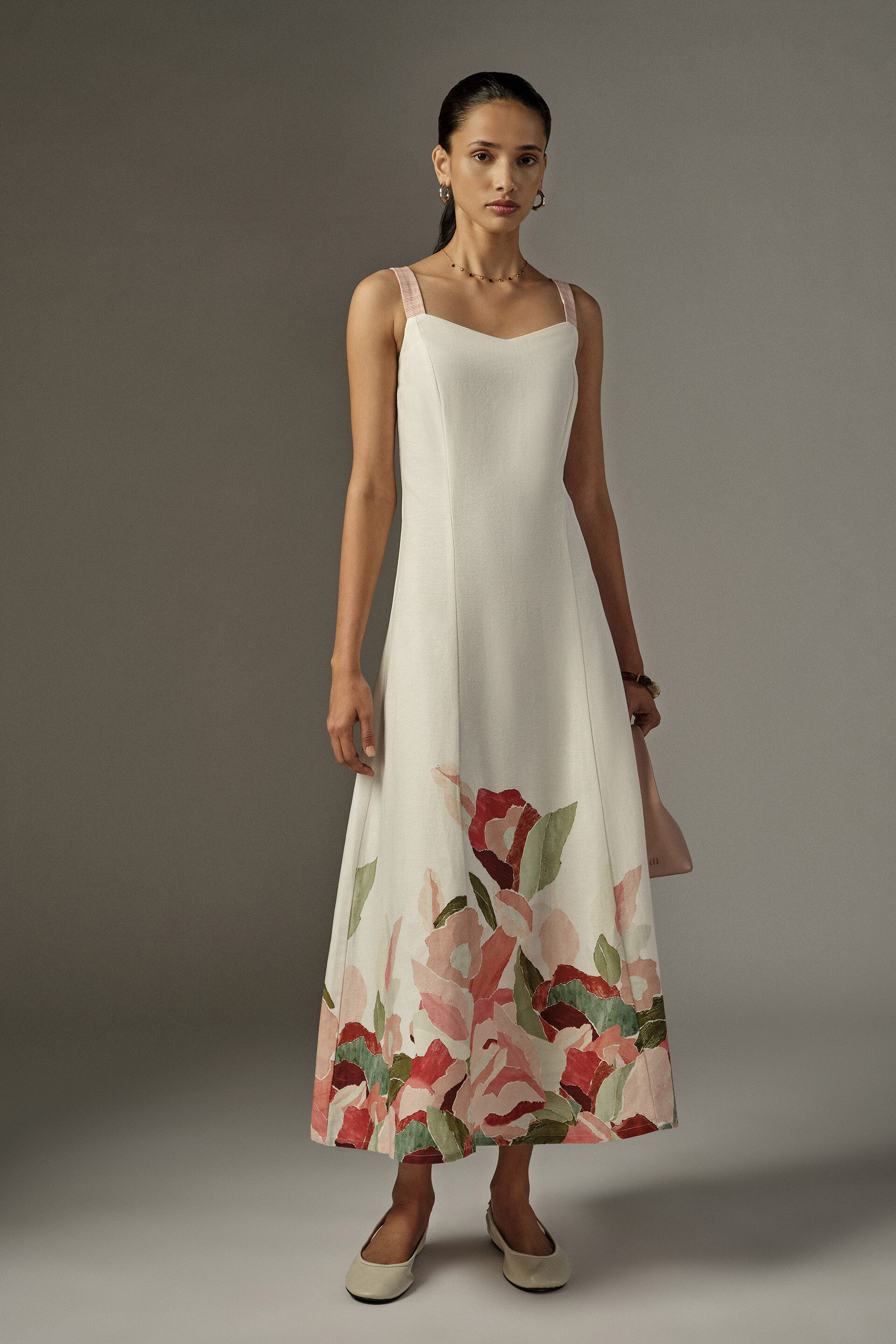 A-line Floral Midi Dress in White